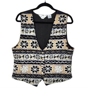 Vintage Jane Ashley Vest Wool Woven Knit Cotton Lined Floral Embroidery Size M